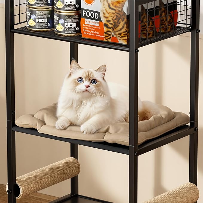 4in1 Cat Furniture Stand with Cat Scratching Post, Cat Food Bowls, Cats Bed Platform, Cats Food Storage Organizer, All in One Pet Furniture for Small Space (Metal, Black)