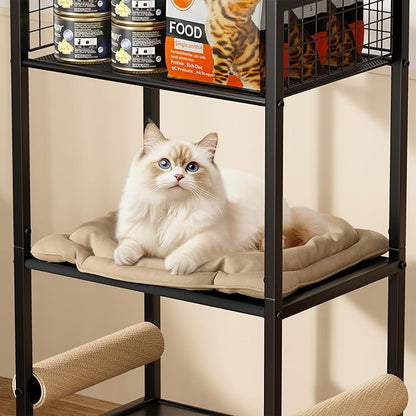 4in1 Cat Furniture Stand with Cat Scratching Post, Cat Food Bowls, Cats Bed Platform, Cats Food Storage Organizer, All in One Pet Furniture for Small Space (Metal, Black)