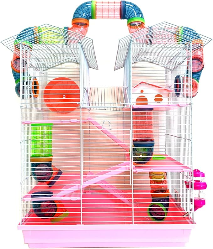 Pink Large Multi-Floors Hamster Mansion Mouse Habitat Gerbil Home Rat House Small Animal Critter Home Cage with Hide House Exercise Running Wheel Food Dish Water Bottle Deep Base
