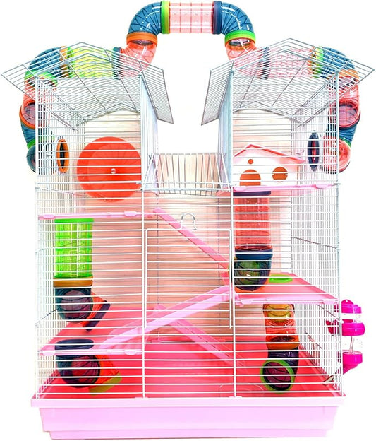 Pink Large Multi-Floors Hamster Mansion Mouse Habitat Gerbil Home Rat House Small Animal Critter Home Cage with Hide House Exercise Running Wheel Food Dish Water Bottle Deep Base