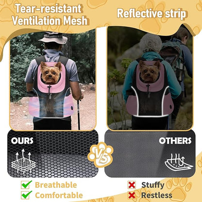 WOYYHO Pet Dog Carrier Backpack Small Dog Front Backpack Ventilated Mesh Dog Travel Back Pack with Safety Belt for Travel Hiking Cycling Outdoor Adventures (Size M: 5-9 lbs, Pink)
