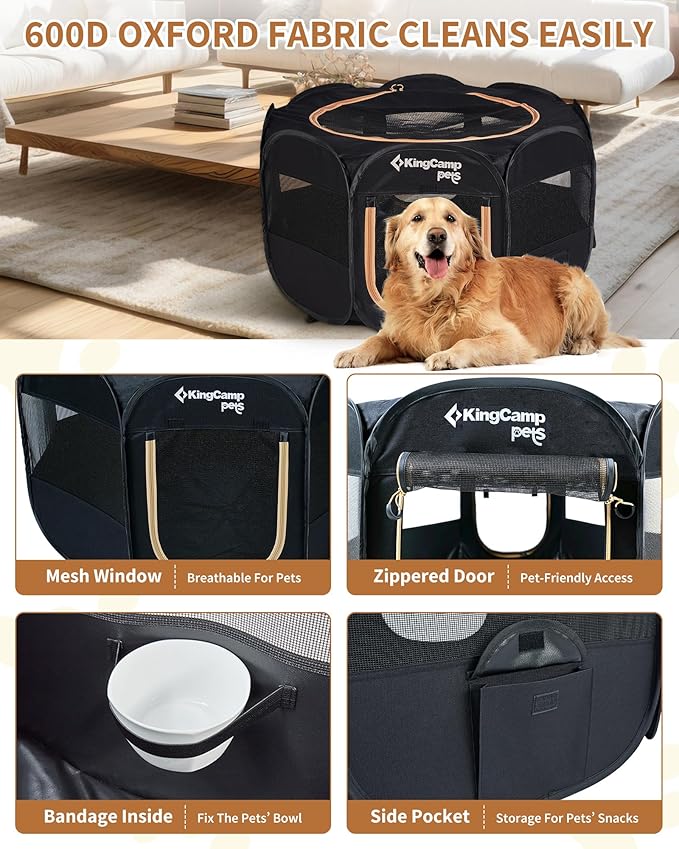 KingCamp Dog Playpen, Portable Foldable Cat Kitten Puppy Tent Crates 29"/36"/50" Pop Up Pet Playpen with Zippered Bottom & Cover for Indoor Outdoor Use (Medium, Black)