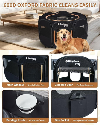 KingCamp Dog Playpen, Portable Foldable Cat Kitten Puppy Tent Crates 29"/36"/50" Pop Up Pet Playpen with Zippered Bottom & Cover for Indoor Outdoor Use (Medium, Black)