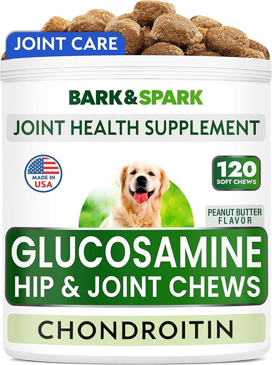 BARK&SPARK Glucosamine Chondroitin Dog Hip & Joint Supplement - Joint Pain Relief - Hip & Joint Chews - Joint Support Large & Small Breed - Senior Doggie Vitamin Pills Joint Health (120 Treats)