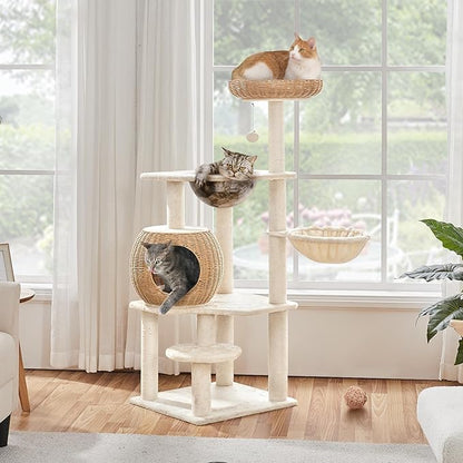 Yaheetech 54in Rattan Cat Tree, Modern Tower with Breathable Woven Condo, Scratching Posts & Washable Cushions, Naturally Cool in Summer, Cute Furniture for Indoor Cats