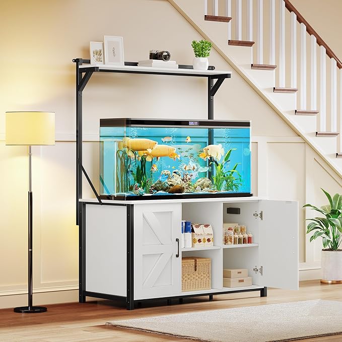 DWVO 120 Gallon Aquarium Stand with Power Outlets, Heavy Duty Metal Fish Tank Stand & Cabinet, Reptile Terrarium Table with 1100LBS Capacity for Aquarium Accessories Storage, White