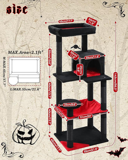 PEQULTI Cat Tree for Large Cats with Metal Frame Big Hammock, Cat Tower for Indoor Cats with 2 Door Condo House, [56.3"=143cm] Multi-Level Cat Shelves with Scratching Posts and Top Perch, Black