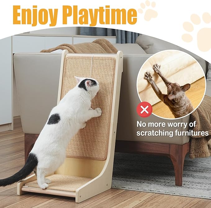 105° Cat Scratcher, L-Shaped Sisal Cat Scratching Pad for Indoor Cats, Floor-Mounted Scratch Board with Catnip & Interactive Mouse Toy