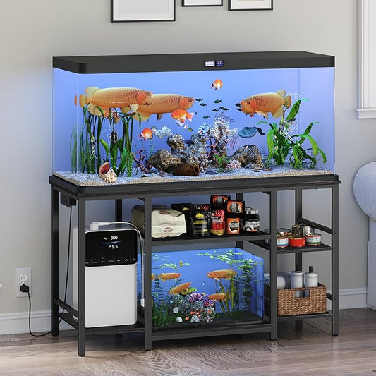 55-75 Gallon Fish Tank Stand with Power Outlet, 3-Tier Metal Frame Aquarium Stand, Heavy Duty Reptile Terrarium Tank Stand, 52.0" L x 19.7" W x 29.9" H, 800 LBS Capacity, Black FTBK55E01