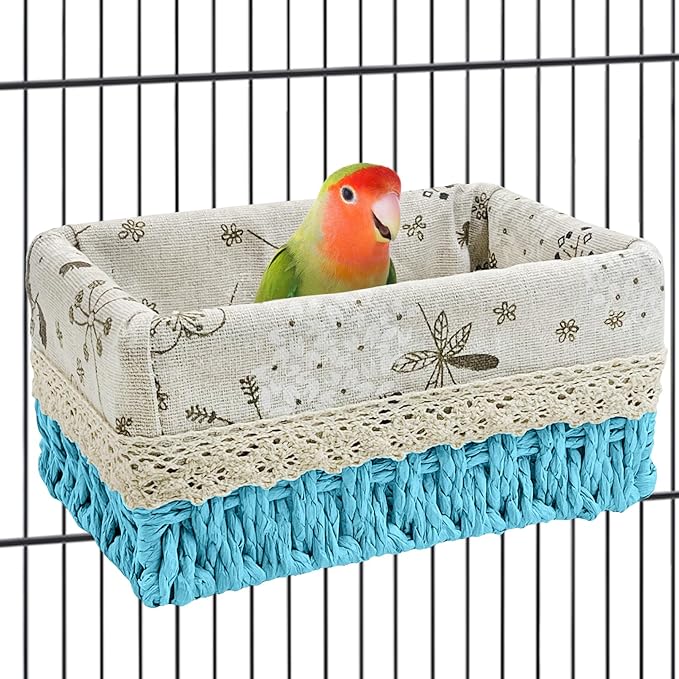 kathson Bird Nest Parrot House Birds Sleeping Bed Straw Weave All Season Hanging Hammock Bird Bed Snuggle Hut Birdcage Accessories for Parakeets Budgies Cockatiels Conures Quaker Parrot(Blue)