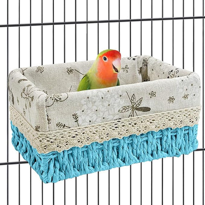 kathson Bird Nest Parrot House Birds Sleeping Bed Straw Weave All Season Hanging Hammock Bird Bed Snuggle Hut Birdcage Accessories for Parakeets Budgies Cockatiels Conures Quaker Parrot(Blue)