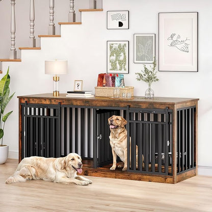 DWVO 71" Double Dog Crate Furniture for 2 Medium Dogs, Heavy Duty Wood Dual Dog Kennel TV Stand with Sliding Doors, Decorative Wooden 2 Dog Cage Table with Dog Bowls for Extra Large Dogs Rustic Brown