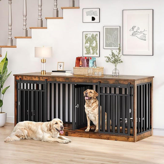 DWVO 71" Double Dog Crate Furniture for 2 Medium Dogs, Heavy Duty Wood Dual Dog Kennel TV Stand with Sliding Doors, Decorative Wooden 2 Dog Cage Table with Dog Bowls for Extra Large Dogs Rustic Brown