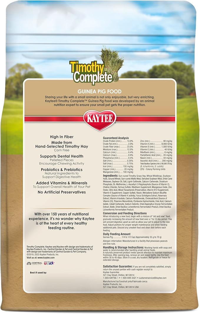 Kaytee Timothy Complete Guinea Pig Food, Made with Timothy Hay, High in Fiber, Supports Dental Health and Digestion, Long-lasting Vitamin C, 5 pounds