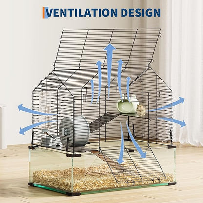 3 Tiers Large Hamster Cages, Metal Guinea Pig Cages Habitat with 4pcs Hamster Cages Accessories, Transparent Small Animal Habitat for Rodent, Guinea Pigs,Chinchilla, Amster, Hedgehog-Metal and Glass