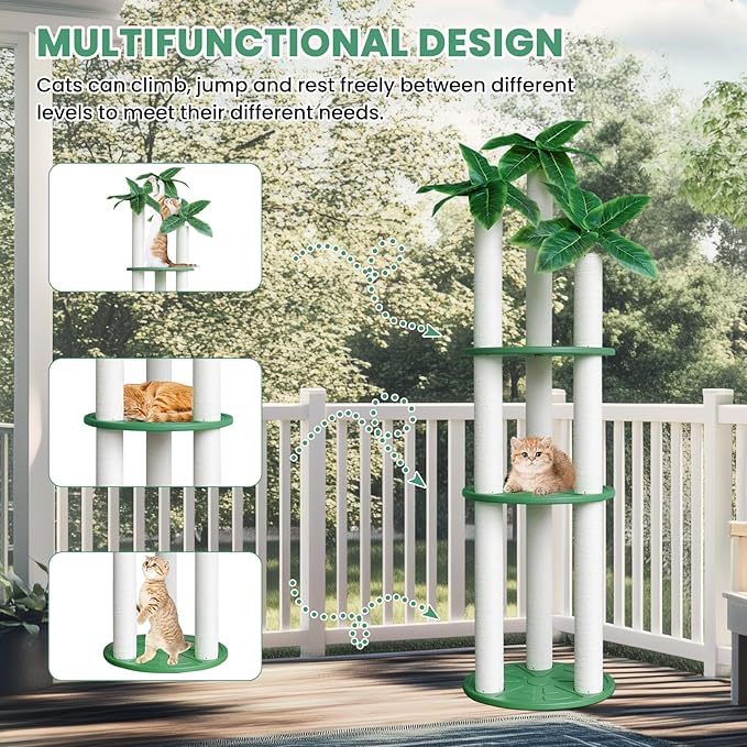 68 inch Waterproof cat Tower, Cylindrical Outdoor cat Tree with Green Leaves,Plastic Board and cat Scratching Post,Used in Catio,Deck,Patio