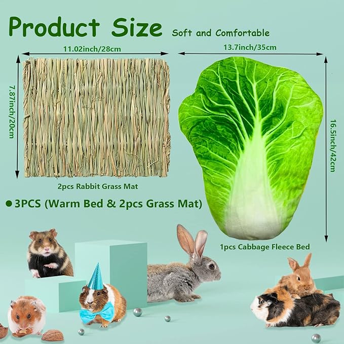 kathson Bunny Bed Guinea Pig Warm Bed with Grass Mat Rabbit Warm Fleece Sleep Pad Small Animal Cages Sleeping Mat Sleep Bed for Squirrel Chinchilla Hedgehog Hamster Cat