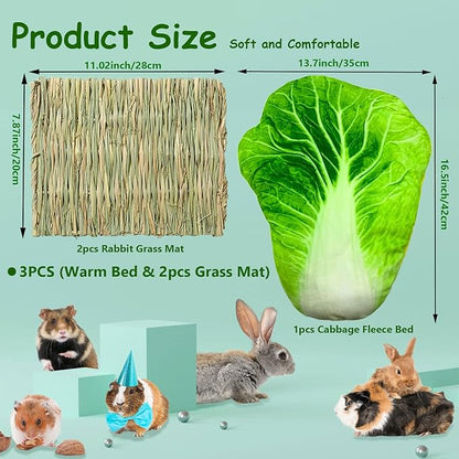 kathson Bunny Bed Guinea Pig Warm Bed with Grass Mat Rabbit Warm Fleece Sleep Pad Small Animal Cages Sleeping Mat Sleep Bed for Squirrel Chinchilla Hedgehog Hamster Cat