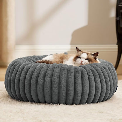 Bedsure Cat beds for Indoor Cats - Donut Dog Beds for Small Dogs with Corduroy Fleece & Anti Slip Bottom, Faux Fur Pet Beds with Washable Removable Cover, Warm Grey, 20x20x6 inches
