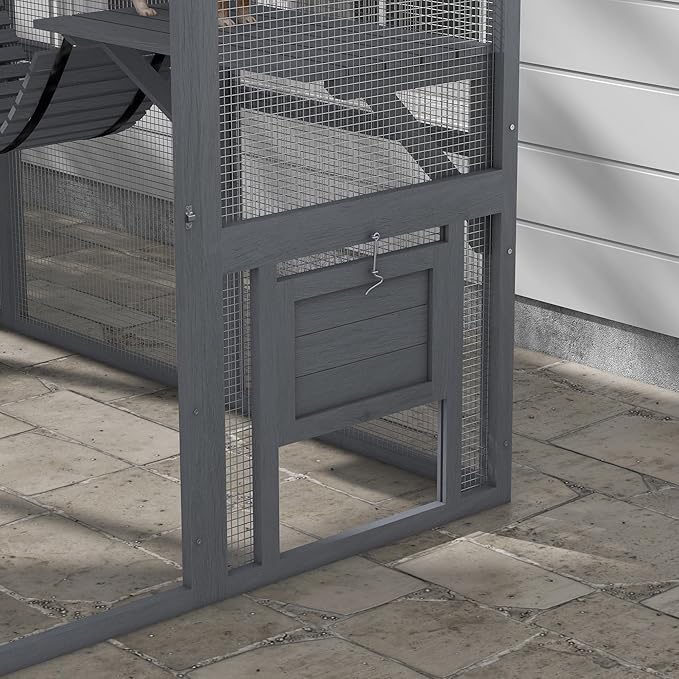 PawHut Large Catio Outdoor Cat Enclosure for Multiple Kittens, Wooden Cat House with Waterproof Cover, Walk in Kitty Cage Kennel with 2 Condos, 6 Platforms, Bridge, Doors, 110" x 73" x 74", Gray