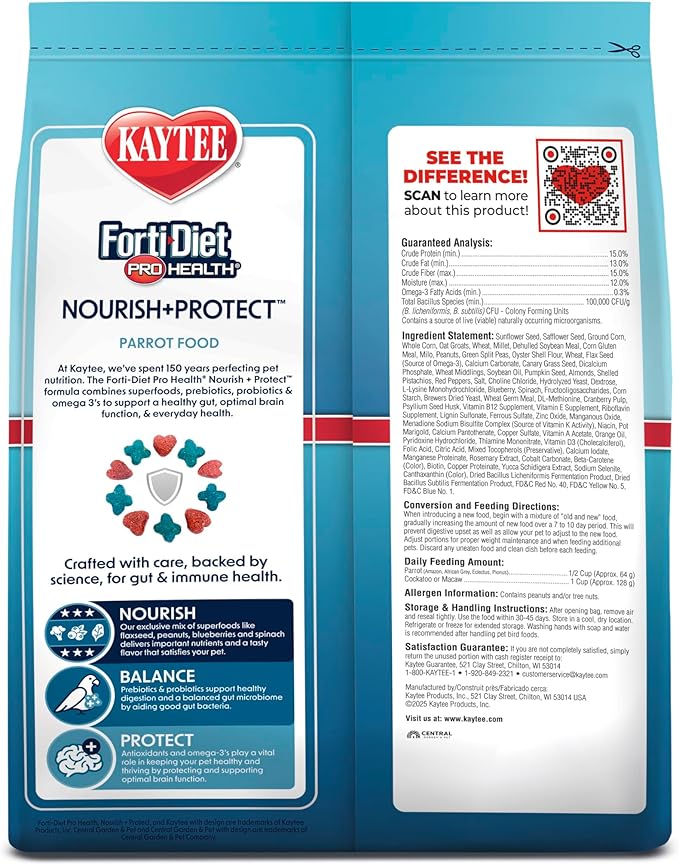 Kaytee Forti-Diet Pro Health Nourish+Protect Parrot Food, Comprehensive Nutrition Backed by Science, Digestive Health, Immune Support, 5 pounds
