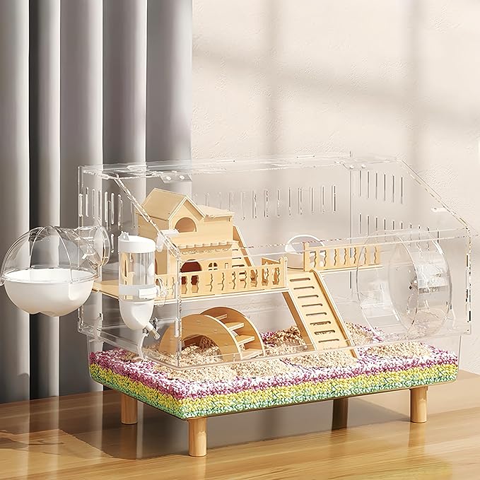 8 in 1 Acrylic Hamster Cage with All Accessories,2-Layer Hamster House with Full Transparent Viewing,Top Open Mouse Cage for Pet Mice,Hamster Habitat for Dwarf Hamster,Gerbils;18.5"x11.8"x14.6"