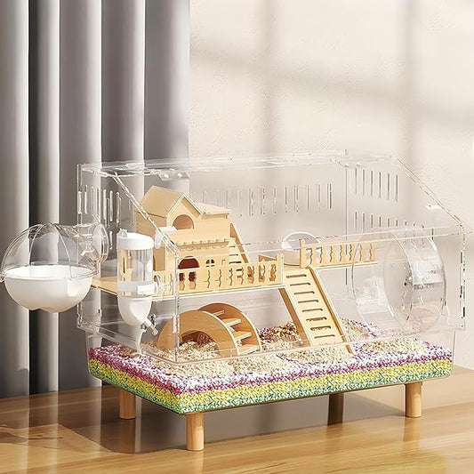 8 in 1 Acrylic Hamster Cage with All Accessories,2-Layer Hamster House with Full Transparent Viewing,Top Open Mouse Cage for Pet Mice,Hamster Habitat for Dwarf Hamster,Gerbils;18.5"x11.8"x14.6"