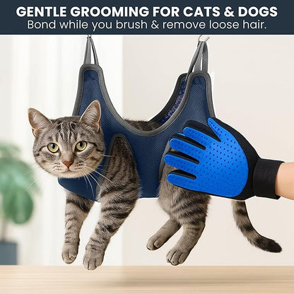 Pet Grooming Hammock Kit for Dogs & Cats, Includes Hammock Harness, Nail Clippers, Nail File, Grooming Glove, Dematting Comb, S-Hooks, Carabiners & Storage Bag for Easy Home Grooming Medium (86×52) cm