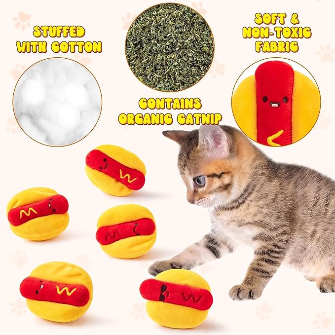 L1rabe Hot Dog Catnip Stuffed Toys - 5Pcs Fall Funny Hot Dog Cat Toys Indoor Yellow Interactive Pet Supplies, Kitten Chew Bite Tools Cat Lovers Gifts, Organic Eco-friendly Birthday Present for Kittens