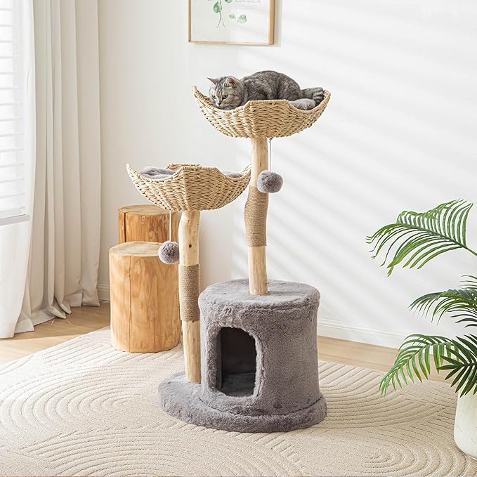 Modern Cat Tree for Indoor Cats Large Adult, 46" Tall Wooden Cat Tower for Large Cats with Scratching Post, Luxury Cat Condo, Grey