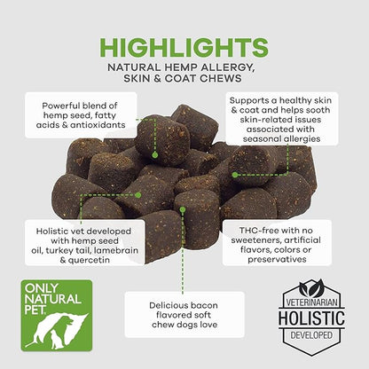 Only Natural Pet Allergy, Skin & Coat Hemp Soft Chews - Allergy Immune Bites for Dogs, Omega 3 Supplement, Hemp Oil - Calming Treats for Itchy Skin Relief, Hot Spot - (60 Count) (AL.)