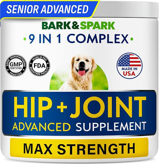 BARK&SPARK Senior Advanced Glucosamine Chondroitin for Dogs - Hip Joint Pain Relief - Old Dog Joint Chews Large & Small Breed - Hip Joint Chews Joint Health Care Treats - 120Ct