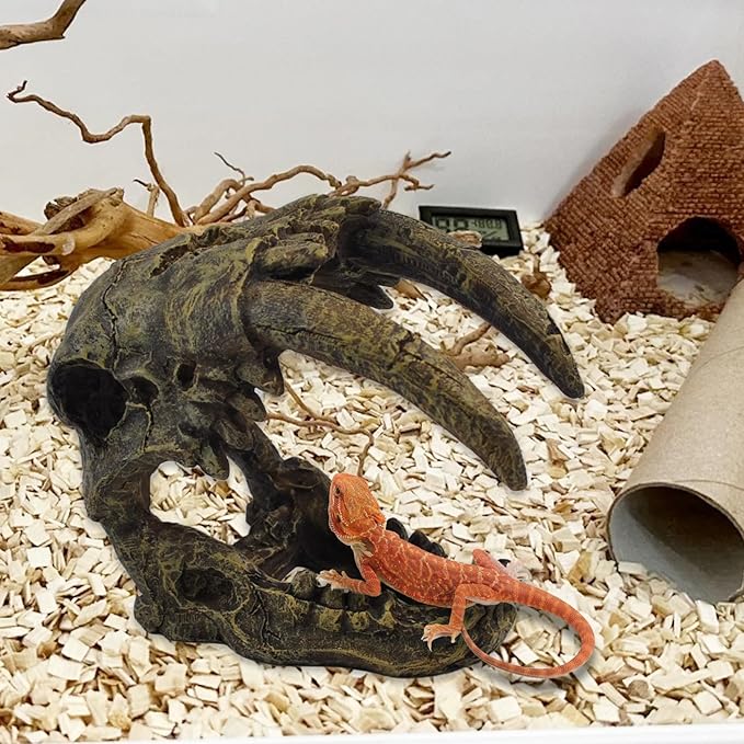 kathson Resin Sabertooth Tiger Skull Bearded Dragon Hideout Skull Reptile Jungle Climbing Vine Flexible Leaves Decor for Small Animals Leopard Gecko Lizard Chameleon Spider