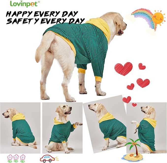 LovinPet Large Dog Pajamas, Cotton Green Stripe Dog Shirt, Pet Pajamas for Dogs, Onesies for Dogs, Stop Shedding for Dogs, Pitbull Shirt, Pet PJ's, M