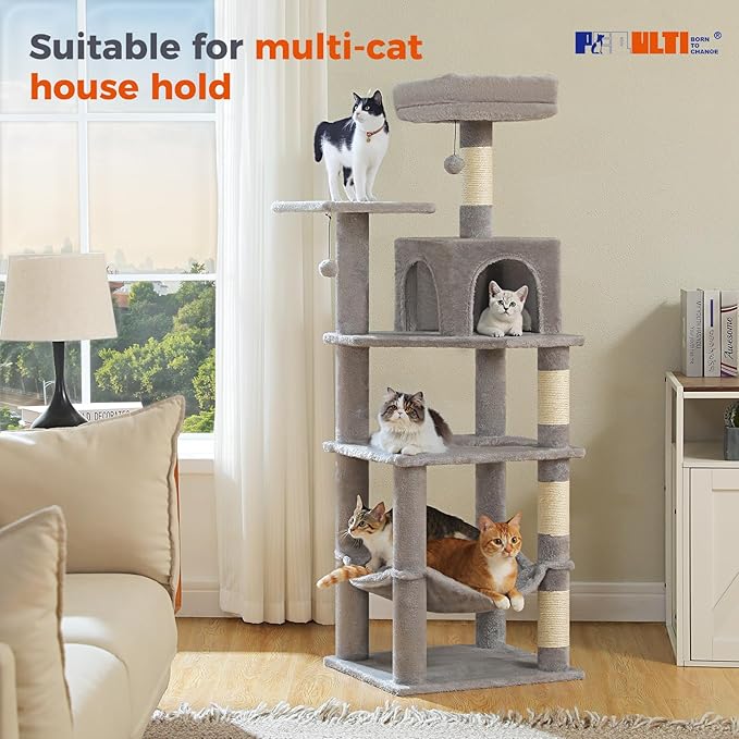 PEQULTI 56.3'' Cat Tree for Indoor Cats, Multi-Level Cat Tower with 2 Top Perch. Cat Condo, Hammock and Sisal-Covered Scratching Post, Grey