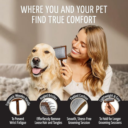 Tauro Pro Line Wooden Deshedding Dog Brush for Long Goldendoodle, Labradoodle & Poodle Hair - Brown Slicker Brush for Dog & Cat Grooming - Square Flexible Cushion & Non-Slip Grip, L