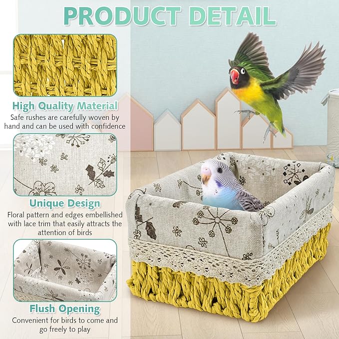 kathson Bird Nest Parrot House Birds Sleeping Bed Straw Weave All Season Hanging Hammock Bird Bed Snuggle Hut Birdcage Accessories for Parakeets Budgies Cockatiels Conures Quaker Parrot(Yellow)