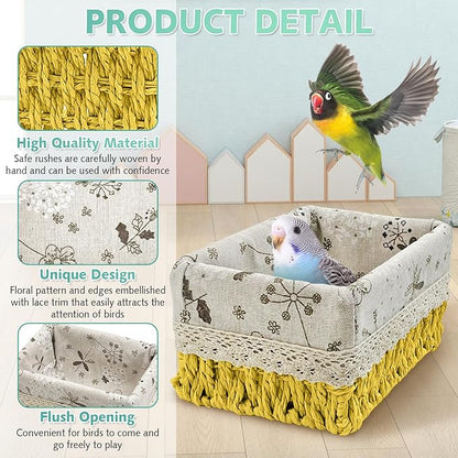 kathson Bird Nest Parrot House Birds Sleeping Bed Straw Weave All Season Hanging Hammock Bird Bed Snuggle Hut Birdcage Accessories for Parakeets Budgies Cockatiels Conures Quaker Parrot(Yellow)