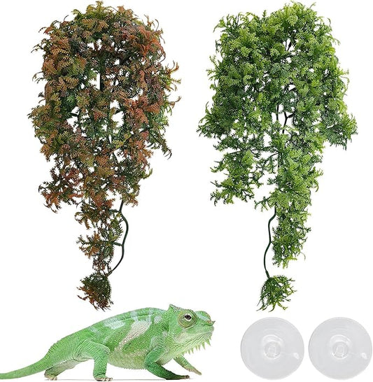 kathson Fake Reptile Plants, 2 Pcs Terrarium Hanging Plant with Suction Cup Plastic Artificial Leaves Amphibian Habitat Decor for Bearded Dragon Hermit Crab Snake Lizard Chameleon Geckos