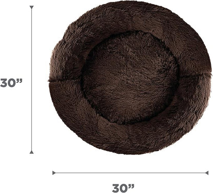 Best Friends by Sheri Original Calming Donut Dog and Cat Bed, Shag Faux Fur, Dark Brown, (30in x 30in) - Anxiety Relief for Pets Up to 45 lbs