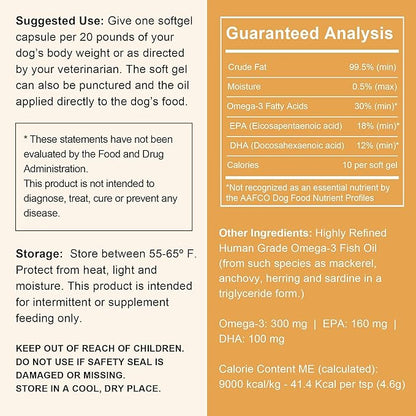 Wild Caught Omega 3 Fish Oil for Dogs - 180 Softgel Capsules for Healthy Skin and Coat - Large 1000 mg Dog Fish Oil Pills for Shedding, Dry Itching Skin, and Hot Spots - Pet Omega Salmon Supplement