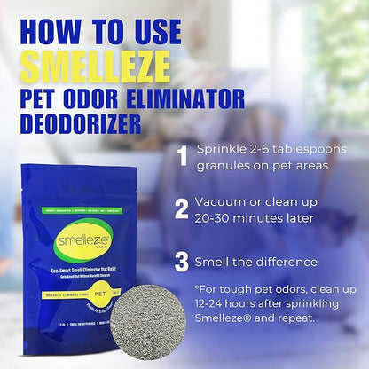 SMELLEZE Natural Pet Odor Eliminator Deodorizer: 2 lb. Unscented Granules Rids Strong Pet Waste Stench. Perfect for Pet or Small Animal Habitats. Mix with Bedding.