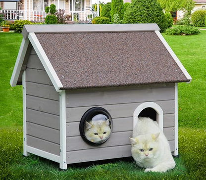 Rockever Outdoor Cat House, Feral Cat House Outdoor Weatherproof with Escape Door and Clear Windows for 2 Cats (Grey)