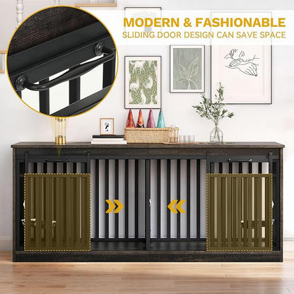 DWVO 71" Double Dog Crate Furniture for 2 Medium Dogs, Heavy Duty Wood Dual Dog Kennel TV Stand with Sliding Doors, Decorative Wooden 2 Dog Cage Table with Dog Bowls for Extra Large Dogs Black Oak