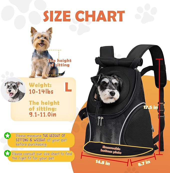 WOYYHO Pet Dog Carrier Backpack with Top and Side Windows, Small Dog Front Backpack Ventilated Mesh Dog Back Pack with Safety Belt for Travel Hiking Outdoor Adventures (Size L: 10-14 lbs, Black 2.0)