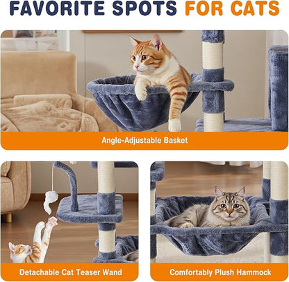 Sweetcrispy 71 inch Cat Tree Tower, Large Multi Level Cat Climbing Tower with Condo, Natural Sisal Scratching Posts, Platform, Hammock, Basket, Tall Pet Tree House for Indoor Cats Play, Dark Blue