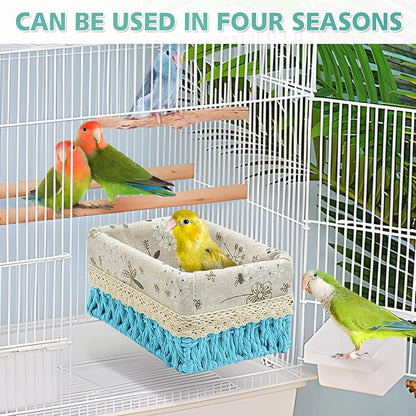 kathson Bird Nest Parrot House Birds Sleeping Bed Straw Weave All Season Hanging Hammock Bird Bed Snuggle Hut Birdcage Accessories for Parakeets Budgies Cockatiels Conures Quaker Parrot(Blue)