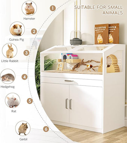 Hamster Cage with Storage Cabinet, Guinea Pig Cage for Small Animals, Large Hamster Cage and Habitat with Easy View Acrylic Panels for Hamster, Rabbit, Guinea Pig, Hedgehog (39"x19"x40")