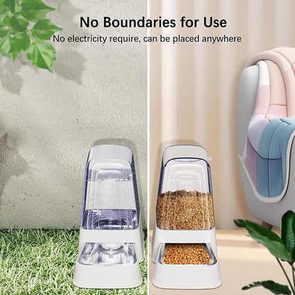 Automatic Dog and Cat Food Feeder and Water Dispenser Set with Stainless Steel Bowls,Gravity Pet Food and Water Feeders,100% BPA-Free,Large Capacity for Cats Dogs Pets…(5L White)