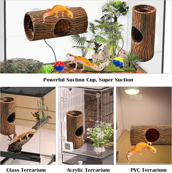 kathson Resin Hide Cave for Gecko,Reptile Hollow Tree Trunk with Suction Cups,Hideway Caverns Lizard Climbing Toys Tank Accessories for Hermit Crab Snakes Frog Spider